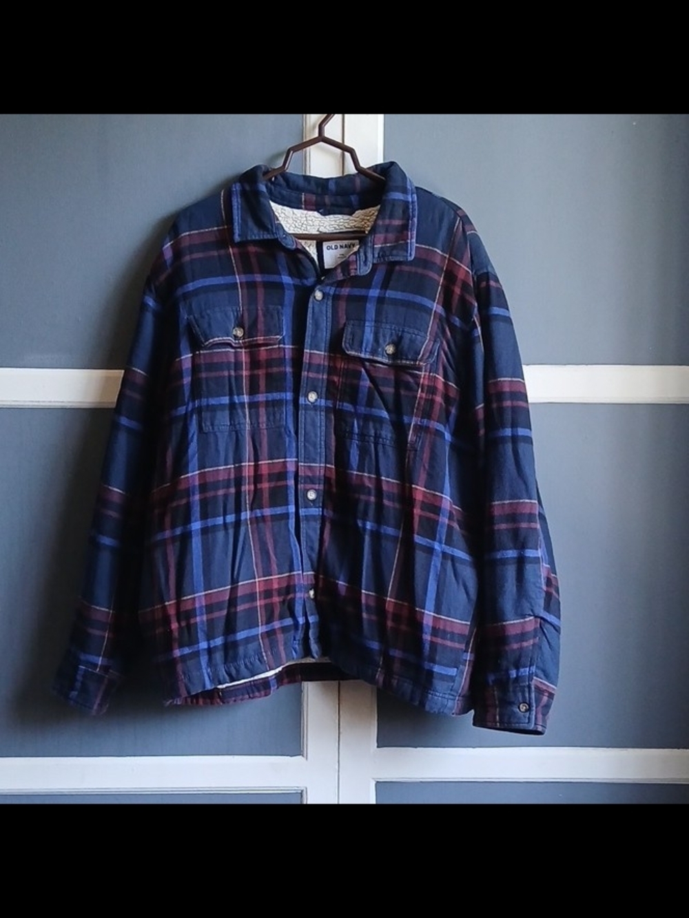 Old Navy Men's Plaid Sherpa Lined Flannel Shirt Jacket XXL Blue Red